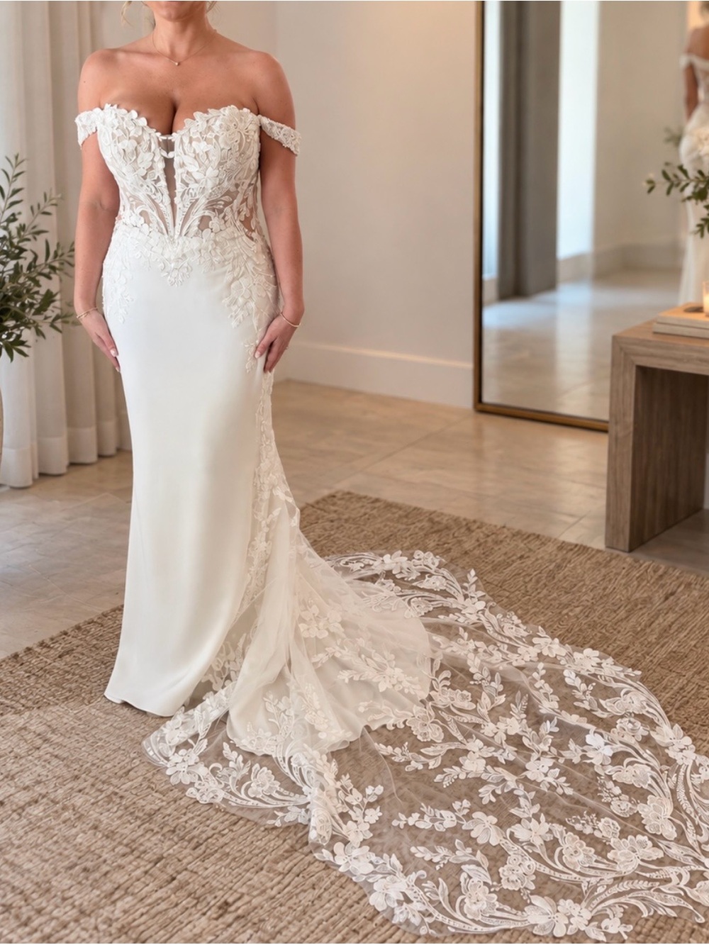 Fendi Off-the-Shoulder Ivory Lace Bridal Gown with Floral Train